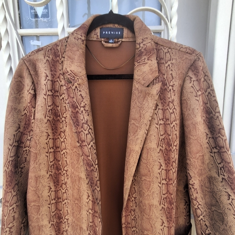 Premise Snakeskin Print Faux Leather Brown Open-Front Blazer Women Size Medium - Picture 4 of 16